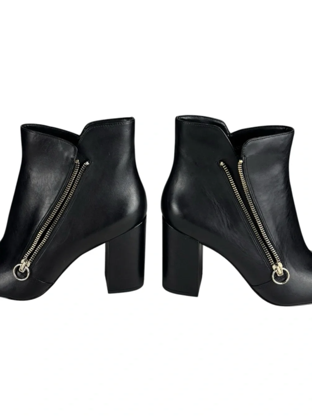 NINE WEST RUSSITY BLACK LEATHER POINTED TOE ASYMMETRIC ZIP ANKLE BOOTS BOOTIES